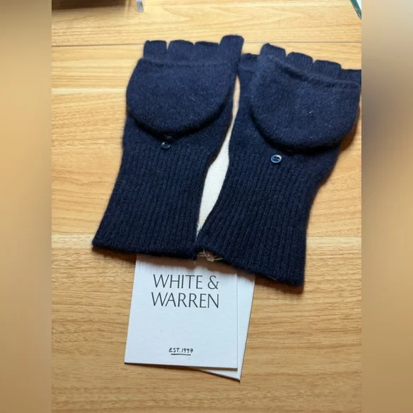 White + Warren Deep Navy 100% Cashmere Beanie Hat & Pop-Top Gloves Set NWT